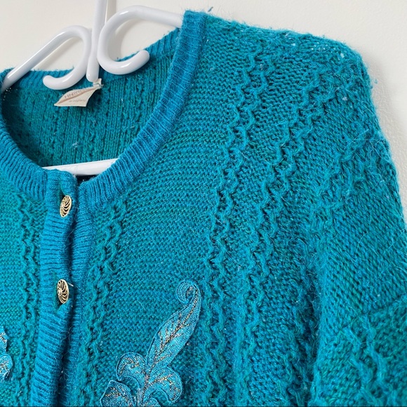 Vintage 80s Teal Wool Blend Mohair Knit Cardigan Pinwheel Buttons Leaf Appliqués - Picture 2 of 14